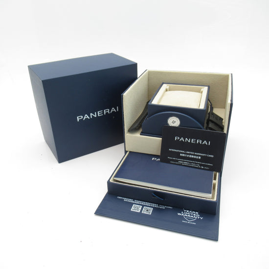 Panerai Luminor Chronograph PAM01109 - horlogedoos geopend met blauwe Panerai doos, kussen en internationale garantiekaart