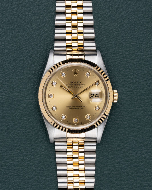 Rolex Datejust 16233 Champagne Diamond Dial - frontaal aanzicht met diamanten uurmarkeringen en Jubilee band